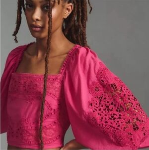 FARM Rio Pink Lace Eyelet Long Sleeve Blouse Size S Fuchsia Pink Bohemian Boho